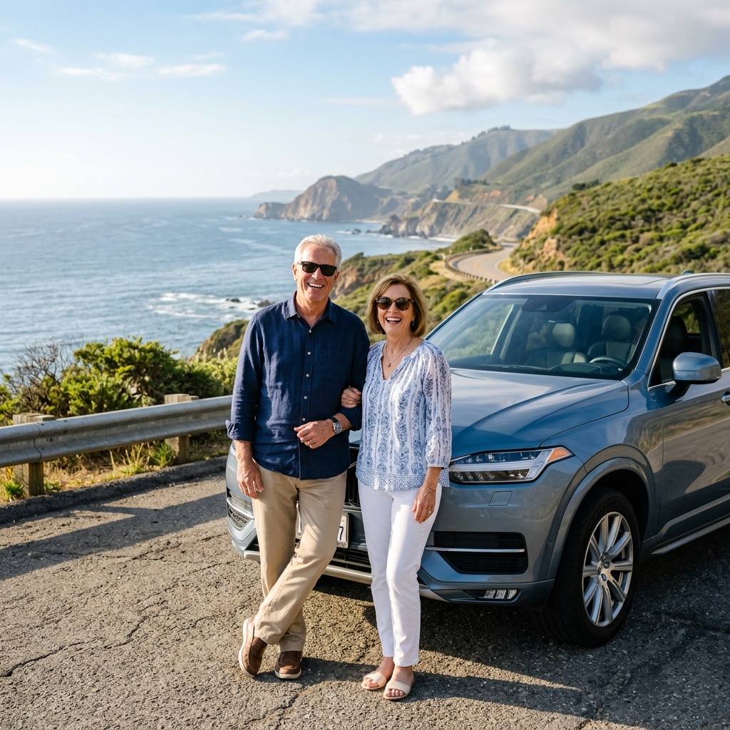 Mature couple smiling next to SUV on California coastal highway